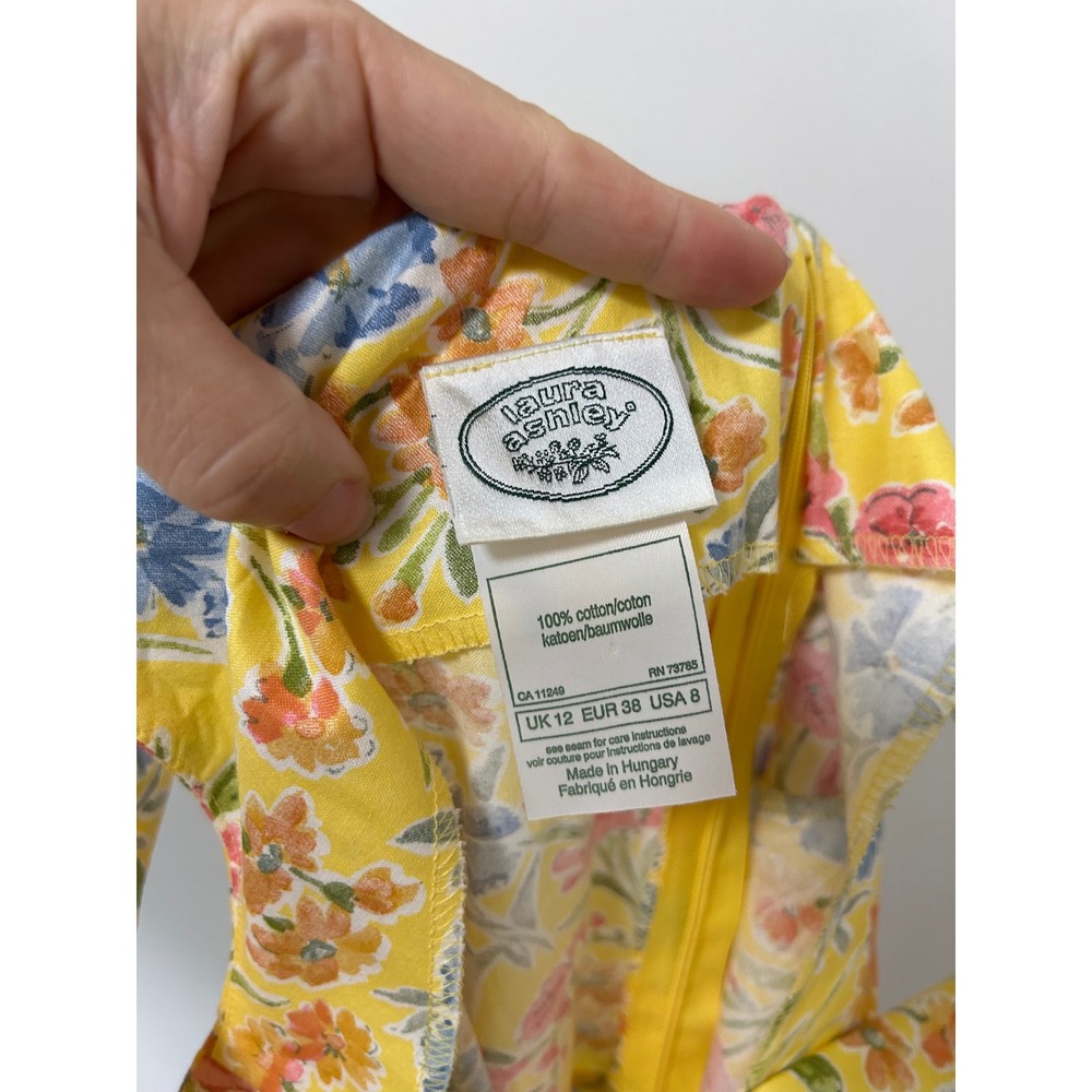 Vintage Laura Ashley Yellow Floral Cotton Midi Dress Tank Gathered Waist Sz 8 - Picture 6 of 10